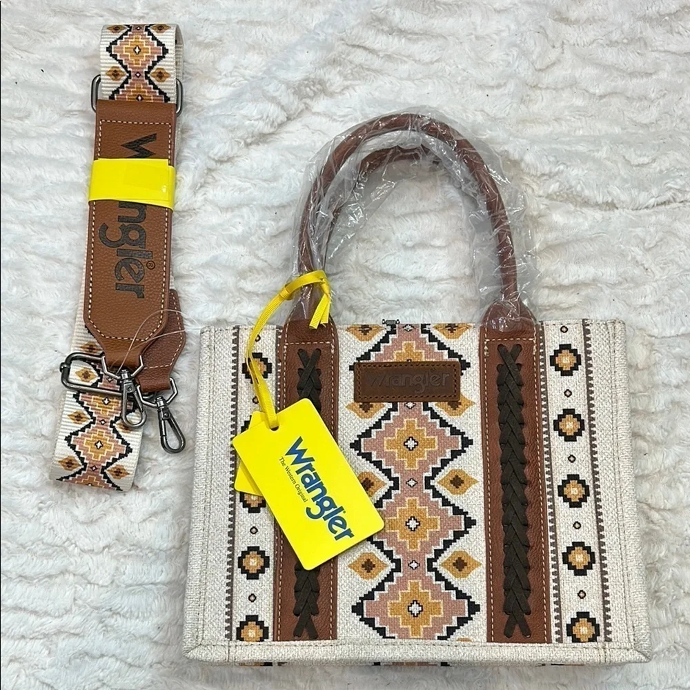 Wrangler Aztec Boho South West Brown Cream Geometric Tote Bag & strap new